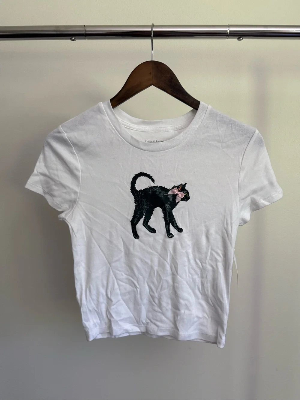 White Cat Tee with Black Cat and Pink Bow by